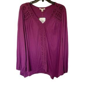 John Paul Richard Crinkle Knit Tunic top Crochet XL. Ripe Plum Long Sleeve NWT